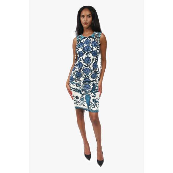 Roberto Cavalli Blue/White Floral & Snake Print Sleeveless Dress Size 38 - Picture 1 of 3